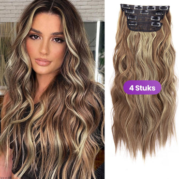 Haarextensies - Clip-In Extensies - set van 4 hair extensions - Bruin Haar met highlights - Golvende Haarverlenging - 50 cm Haarextensies Sassy Goods