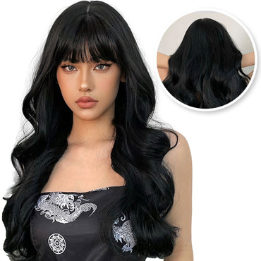 Zwarte Pruik Lang Golvend met Pony Pruik Sassy Goods