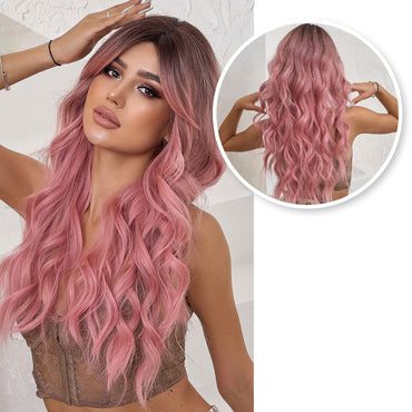 Roze Pruik met Pony - Pruiken Dames Lang Haar - Wig - 65 cm Pruik Sassy Goods