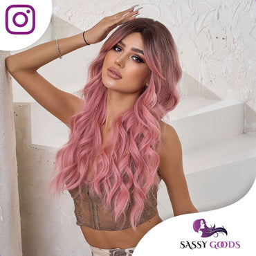 Roze Pruik met Pony - Pruiken Dames Lang Haar - Wig - 65 cm Pruik Sassy Goods