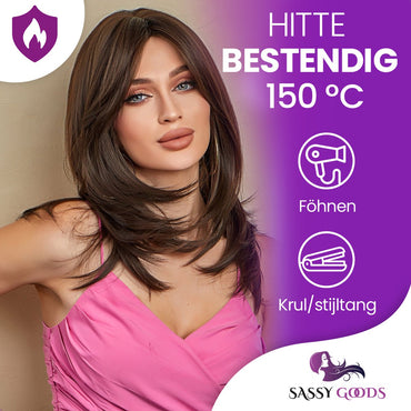 Chocolade bruine pruik met lagen - half lang haar - 50 cm