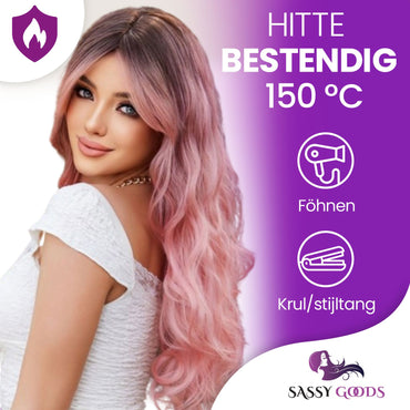 Roze Pruik met Pony - Pruiken Dames Lang Haar - Wig - 65 cm Pruik Sassy Goods