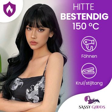 Zwarte Pruik Lang Golvend met Pony Pruik Sassy Goods