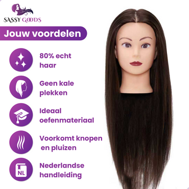 Oefenhoofd 80% Echt Haar Donkerbruin