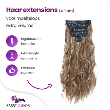 Haarextensies - Clip-In Extensies - set van 4 hair extensions - Bruin Haar met highlights - Golvende Haarverlenging - 50 cm Haarextensies Sassy Goods