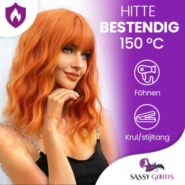Koper Oranje Pruik met Pony Kort Pruik Sassy Goods