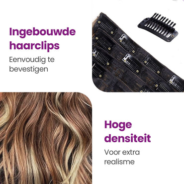 Haarextensies - Clip-In Extensies - set van 4 hair extensions - Bruin Haar met highlights - Golvende Haarverlenging - 50 cm Haarextensies Sassy Goods