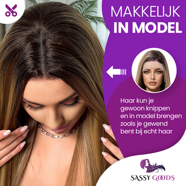 Bruine Lace Wig met Highlights - 75 cm