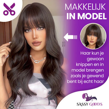 Kastanje Bruine Pruik met Pony - 60 cm Pruik Sassy Goods