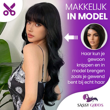 Zwarte Pruik Lang Golvend met Pony Pruik Sassy Goods