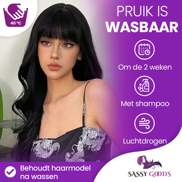 Zwarte Pruik Lang Golvend met Pony Pruik Sassy Goods