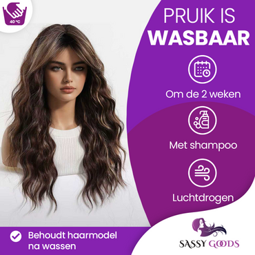 Pruik Bruin Golvend - 55 cm