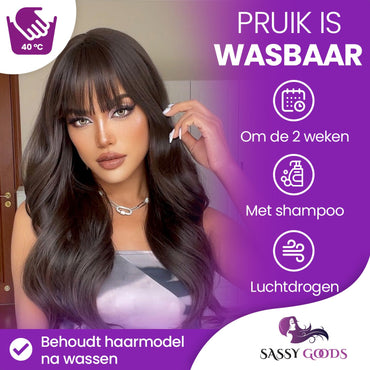 Kastanje Bruine Pruik met Pony - 60 cm Pruik Sassy Goods