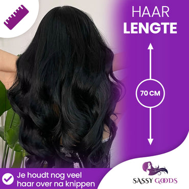 Zwarte Pruik Lang Golvend met Pony Pruik Sassy Goods