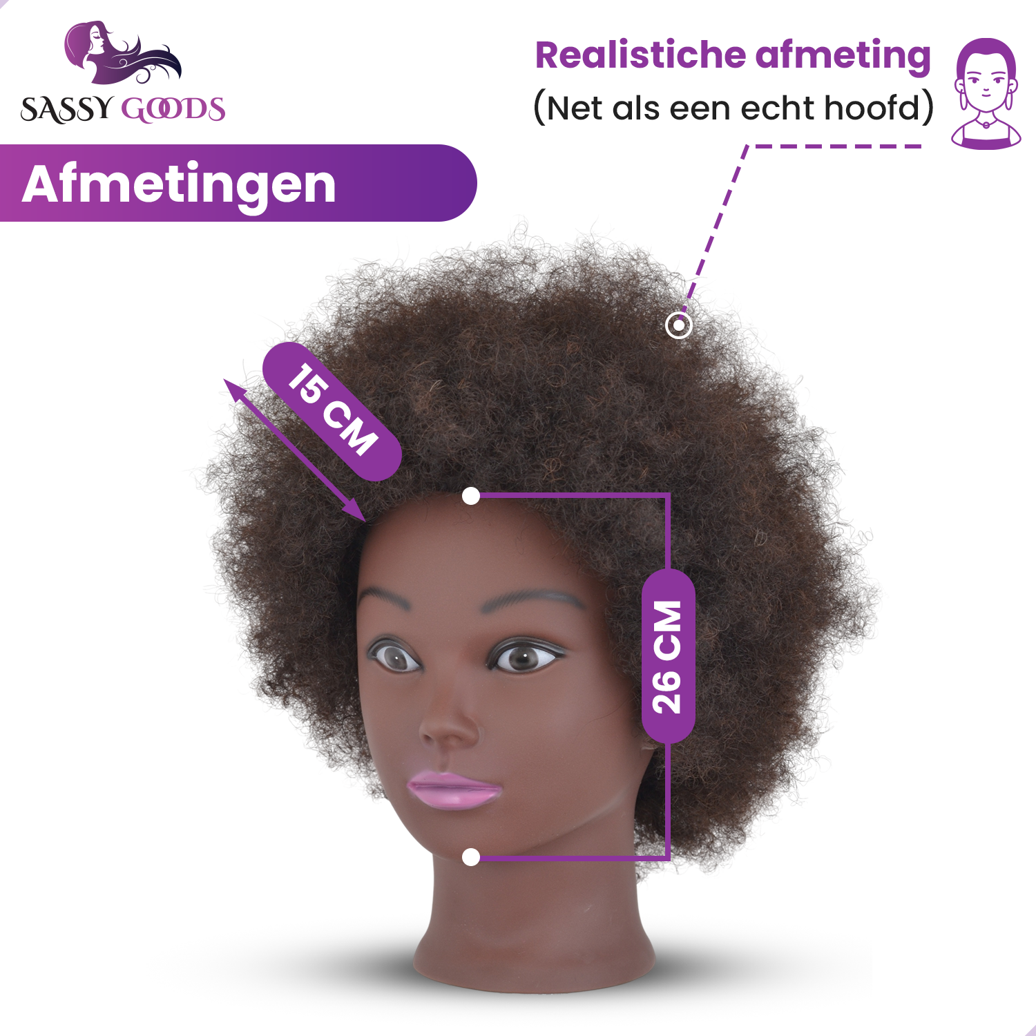 Oefenhoofd - Kappershoofd - Afro - Oefenpop Kapper - 100% echt haar - Kroeshaar - Met statief en accessoires - 15 cm