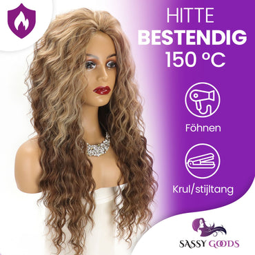 Prachtige bruine pruik met highlights - 65 cm