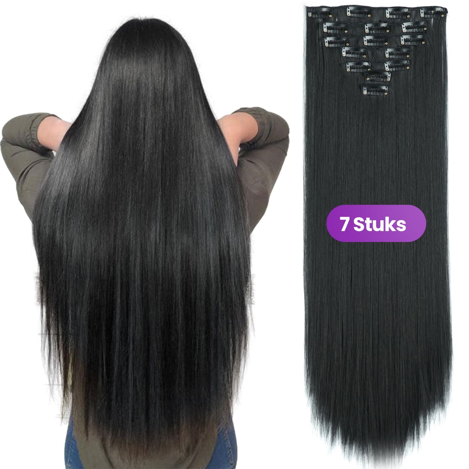 Clip In Extensions 7 Stuks - Zwart Steil - 60 cm Haarextensies Sassy Goods 