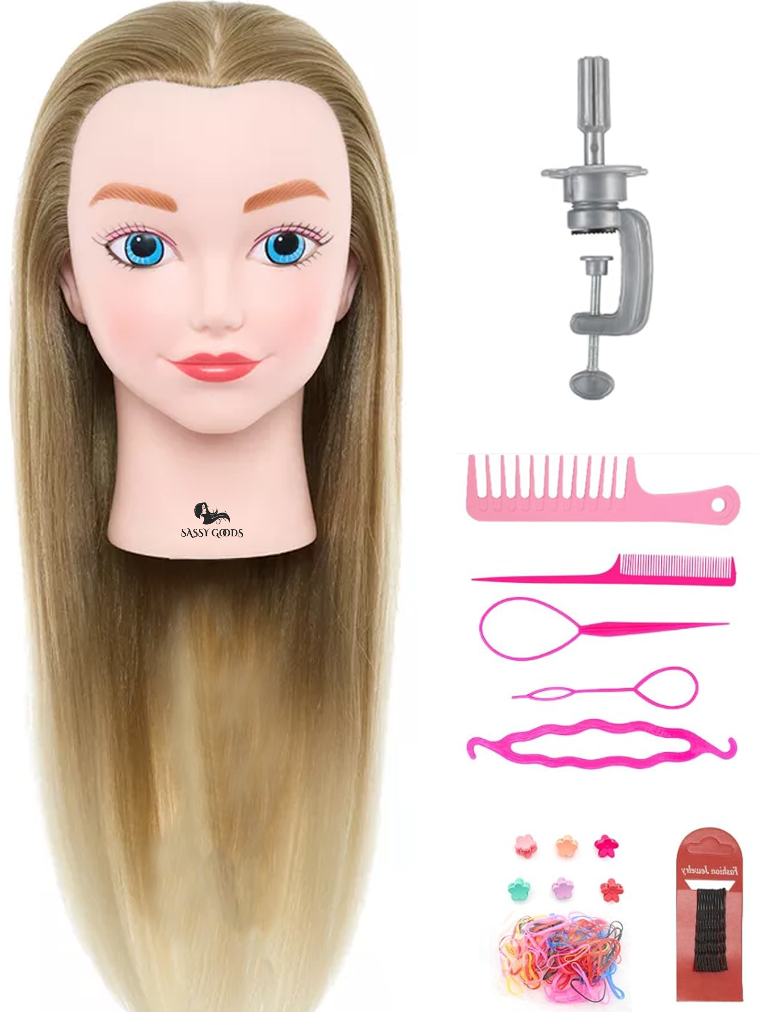 PRE ORDER Practice Head Hairdressing Head with Tripod &amp; Styling Accessories - Golden Brown Hair - 70 cm