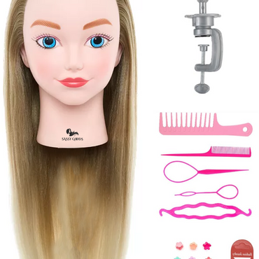 PRE ORDER Practice Head Hairdressing Head with Tripod & Styling Accessories - Golden Brown Hair - 70 cm