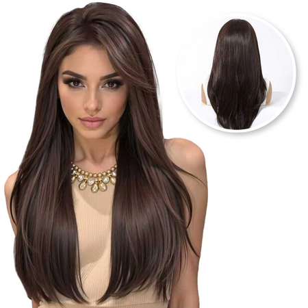 Luxe Donkerbruine Pruik Front Lace Wig met Lagen - 55 cm