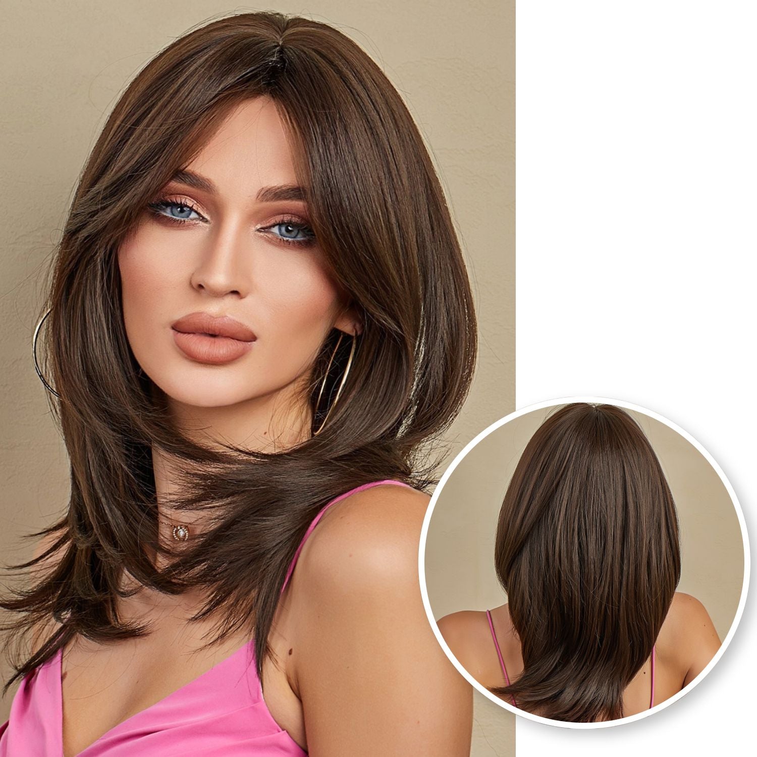 Mid Length Brown Wig Long Bangs Chestnut Brown Wig With Layers