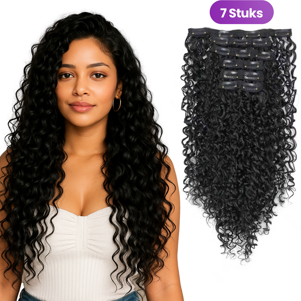 Premium zwarte clip in hair extensions krullen - 7 stuks