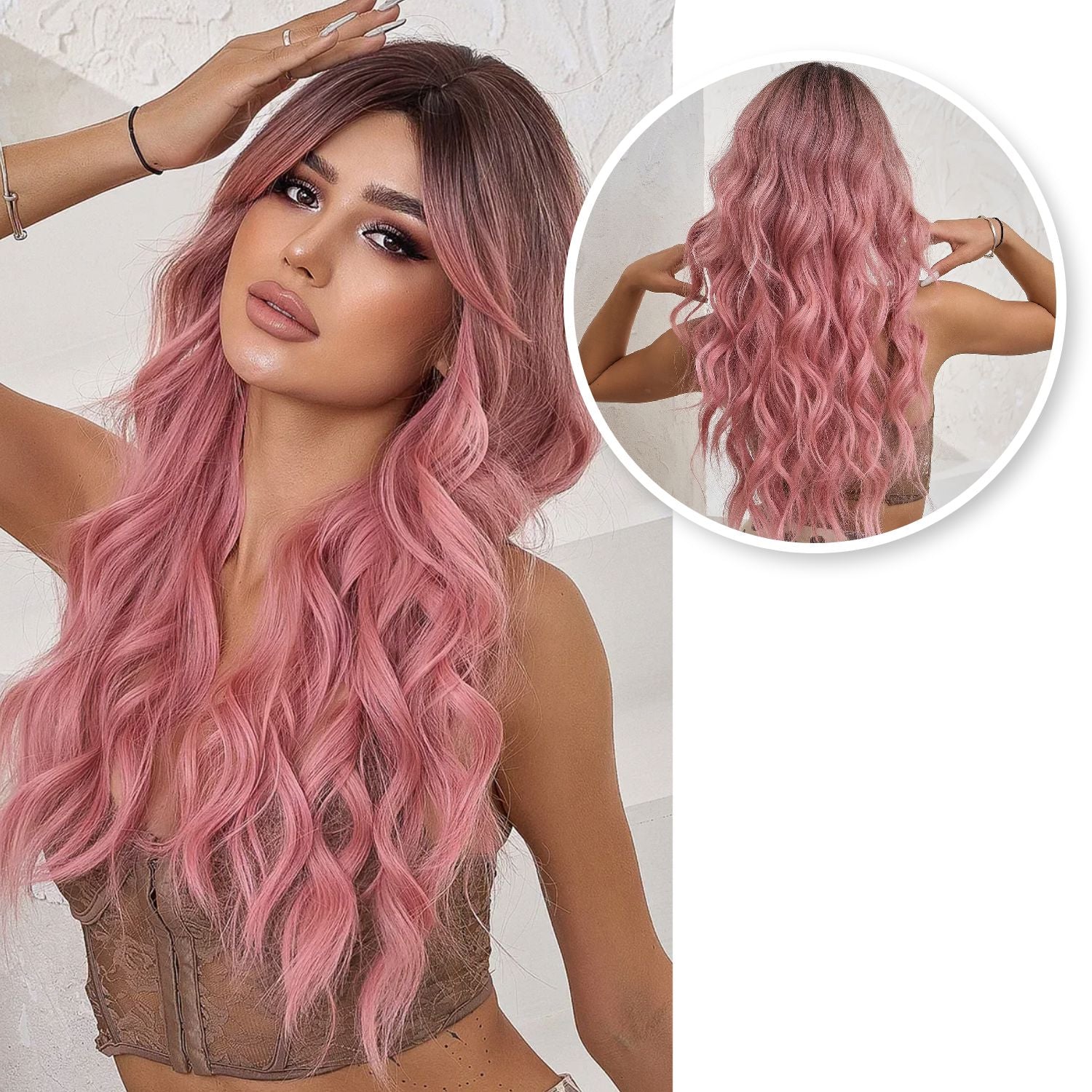 Roze Pruik met Pony - Pruiken Dames Lang Haar - Wig - 65 cm Pruik Sassy Goods 
