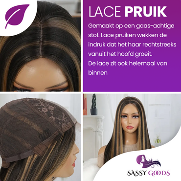 Luxe Bruine Pruik met Highlights Front Lace Wig - 65 cm