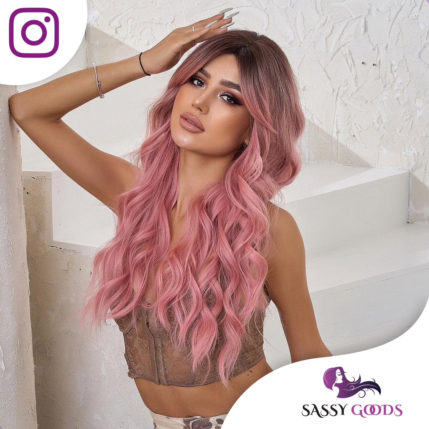 Roze Pruik met Pony - Pruiken Dames Lang Haar - Wig -  65 cm