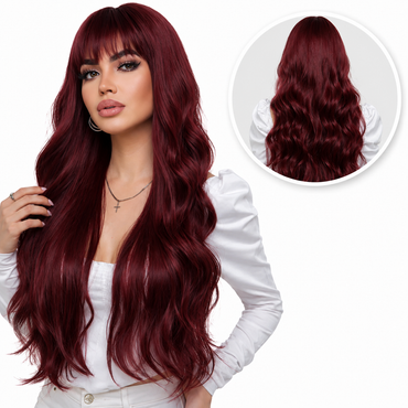 Donker Rode Pruik met Pony - 70 cm