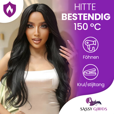 Zwarte Pruik - Sassy Goods Pruiken Dames Lang Haar - Wig - Golvend Zwart - 70 cm