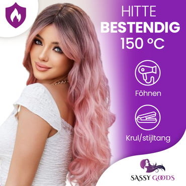 Roze Pruik met Pony - Pruiken Dames Lang Haar - Wig -  65 cm