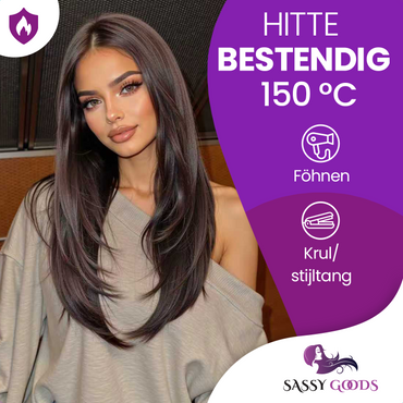 Luxe Donkerbruine Pruik Front Lace Wig met Lagen - 55 cm