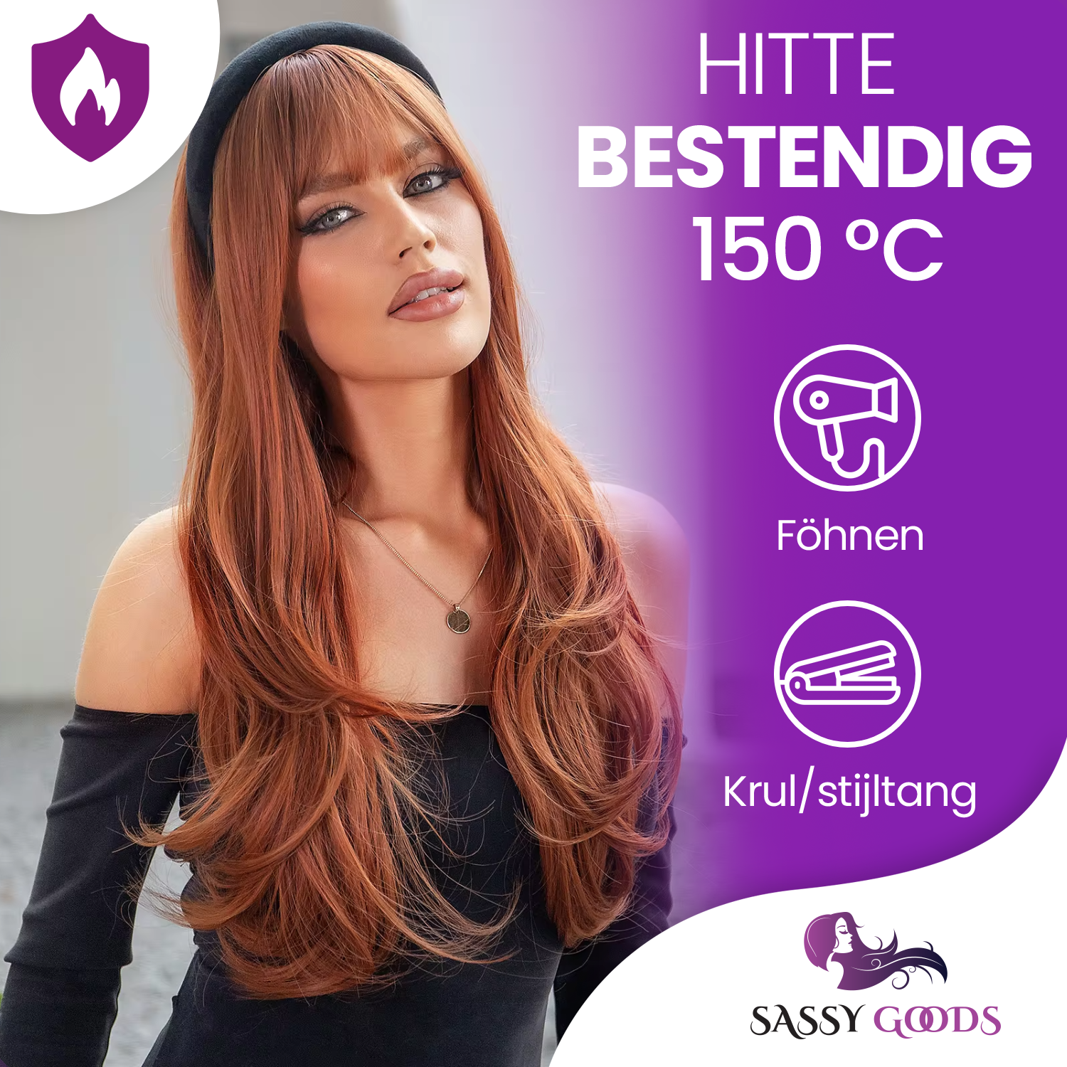 Koper Pruik met Pony - Pruiken Dames Lang Haar - Ginger Rood - 65 cm