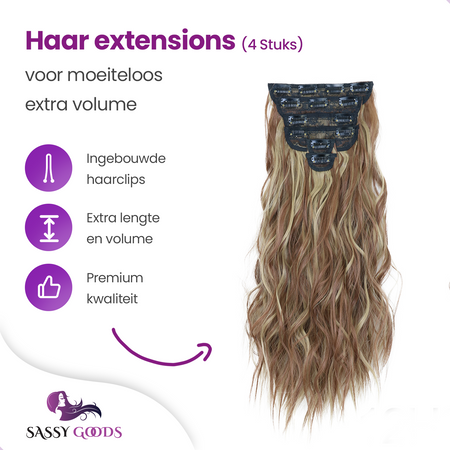 Haarextensies - Clip-In Extensies - set van 4 hair extensions - bruin blond haar - Golvende Haarverlenging - 50 cm