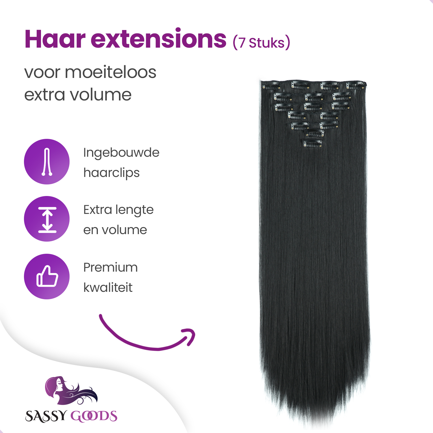 Clip In Extensions 7 Stuks - Zwart Steil - 60 cm