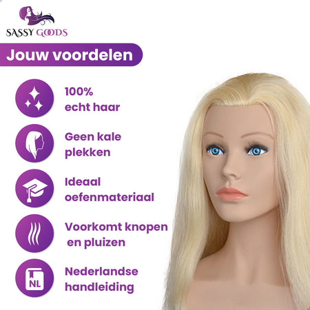Oefenhoofd met Schouders – 100% Echt Haar & Tafelstatief Oefenhoofd Sassy Goods 