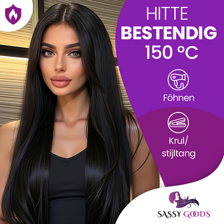 SassyGoods Luxe Lange  Zwarte Pruik Lace Front Wig Zwart Steil