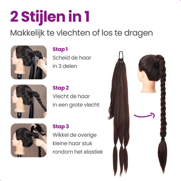 Ponytail Hair Extensions - Braided Ponytail Synthetic - Long Natural looking Braid - Natuurlijk Donkerbruin - 80 cm