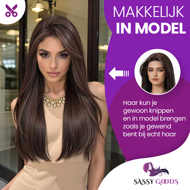 Luxe Donkerbruine Pruik Front Lace Wig met Lagen - 55 cm