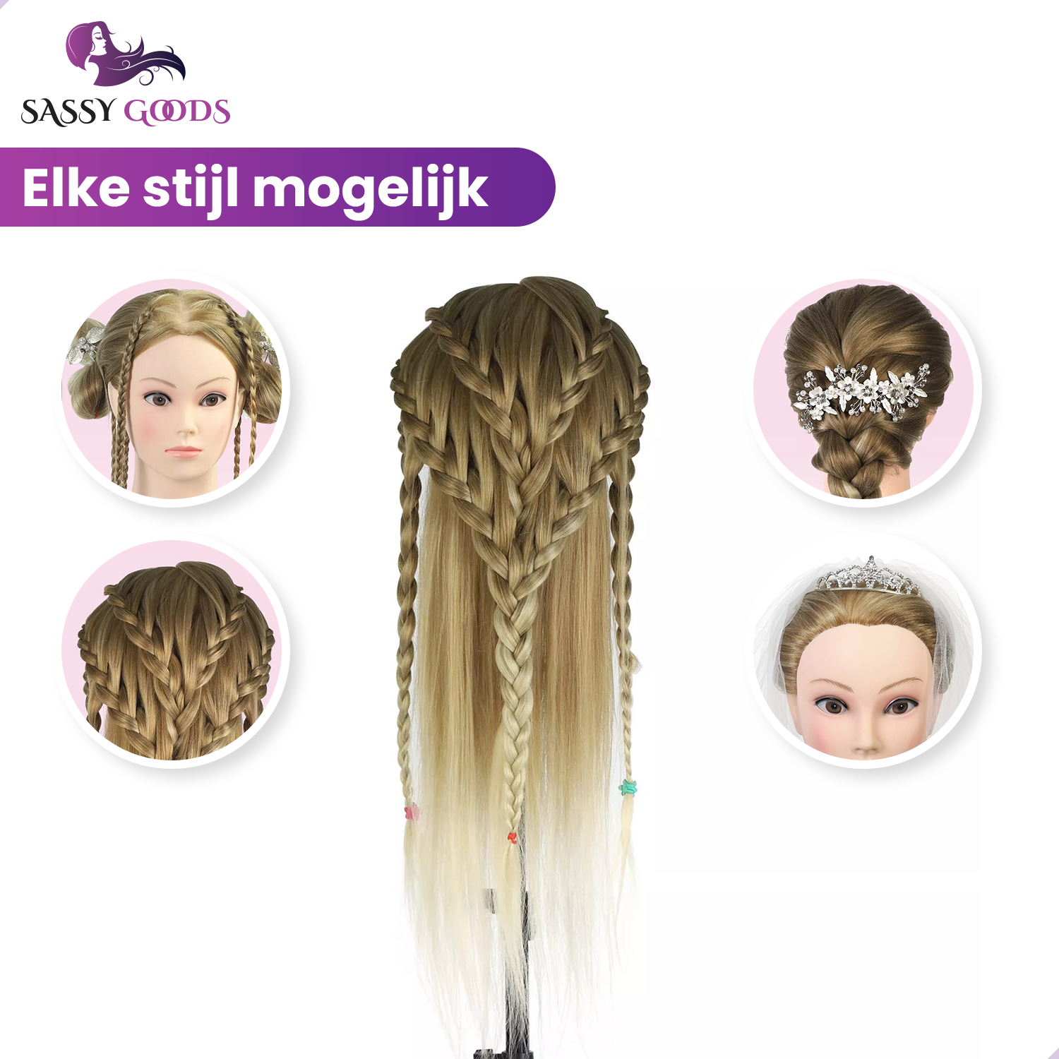 Blond Ombre Oefenhoofd Kapperspop met Statief & Styling Accessoires - Geschikt om te stijlen, knippen en vlechten