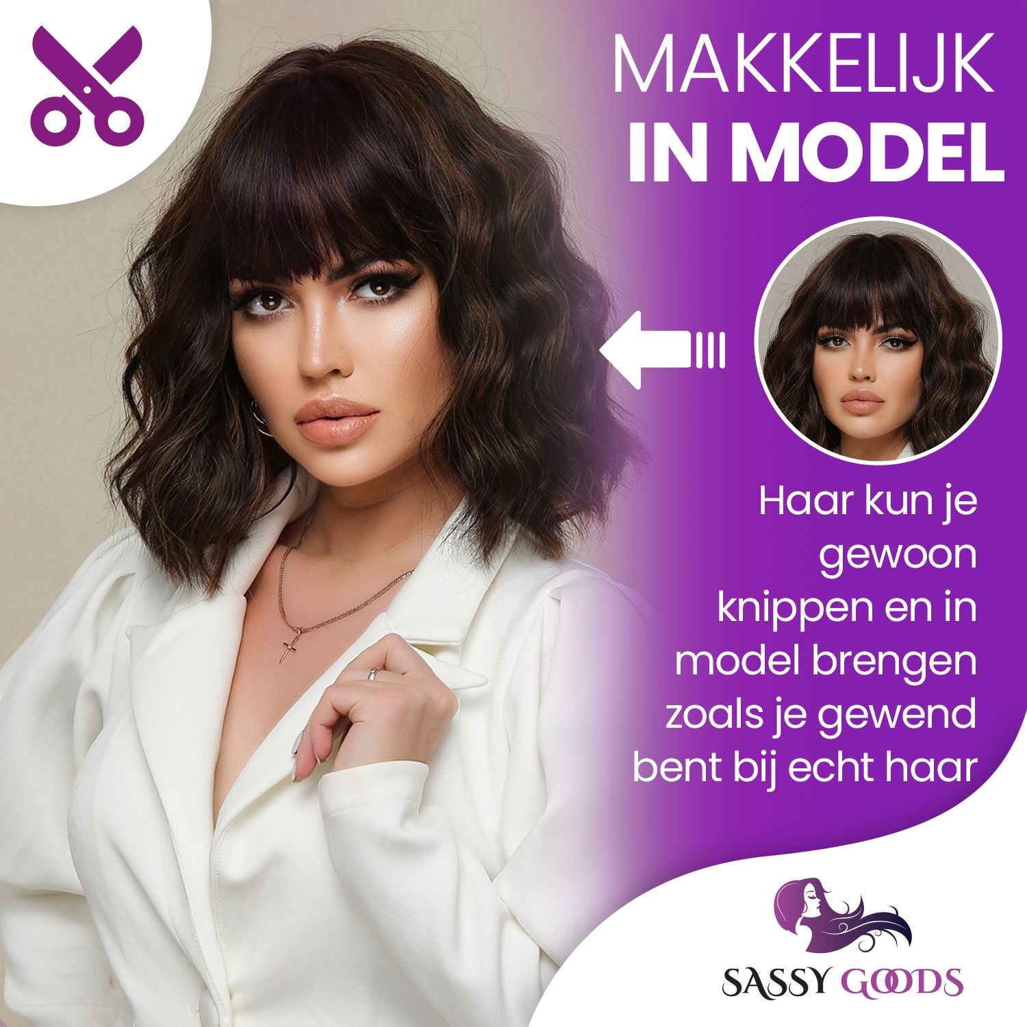 Pruik kort haar Donkerbruin met highlights 35 cm Pruik Sassy Goods 