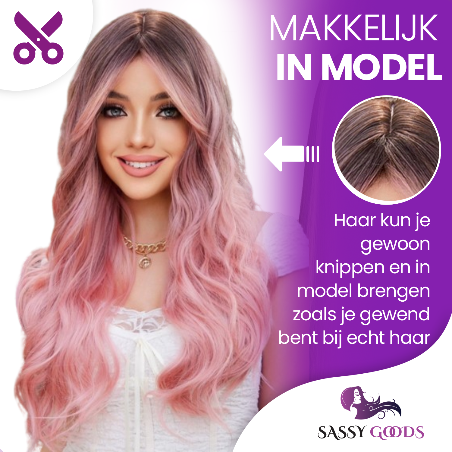 Roze Pruik met Pony - Pruiken Dames Lang Haar - Wig -  65 cm