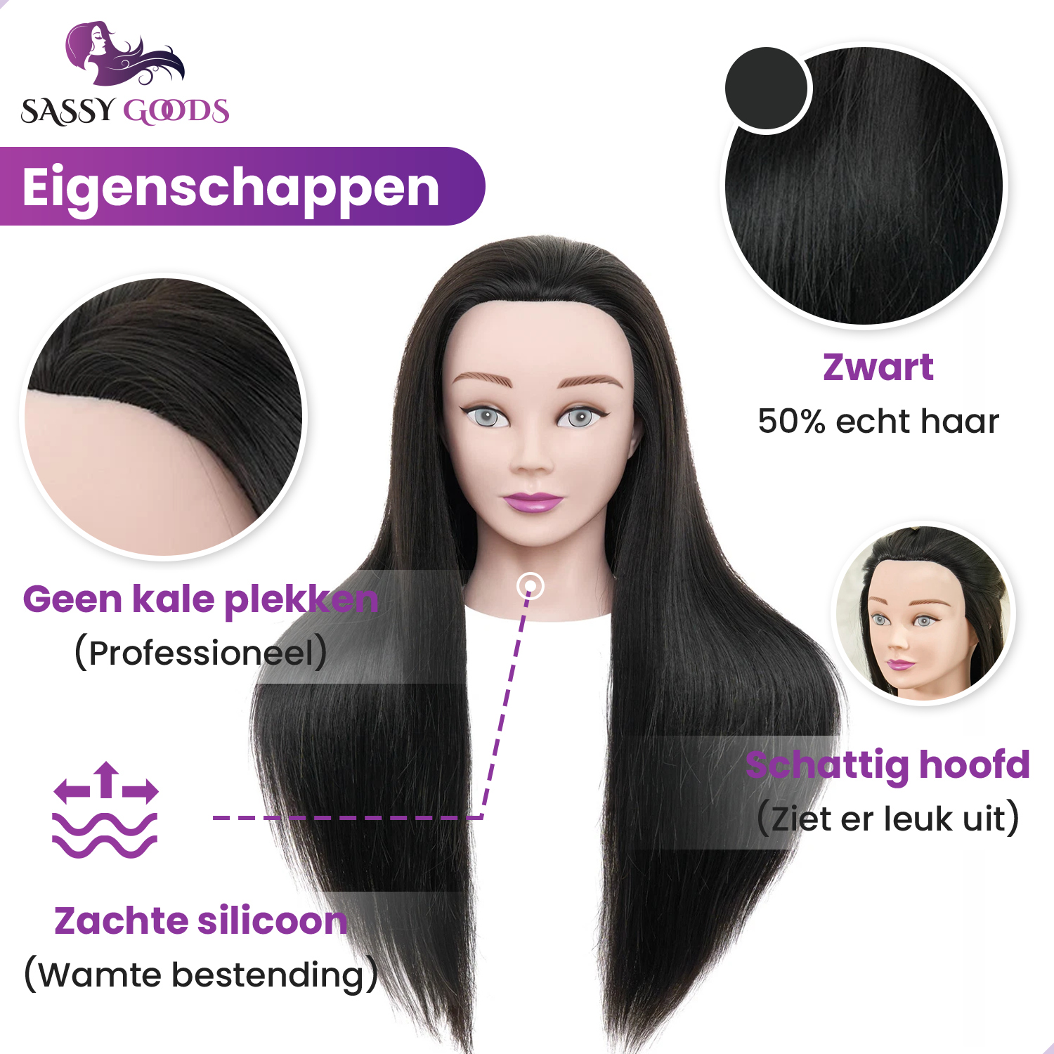 Zwart Oefenhoofd Kappershoofd 50% Echt Haar