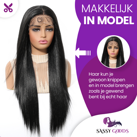 SassyGoods Luxe Lange  Zwarte Pruik Lace Front Wig Zwart Steil