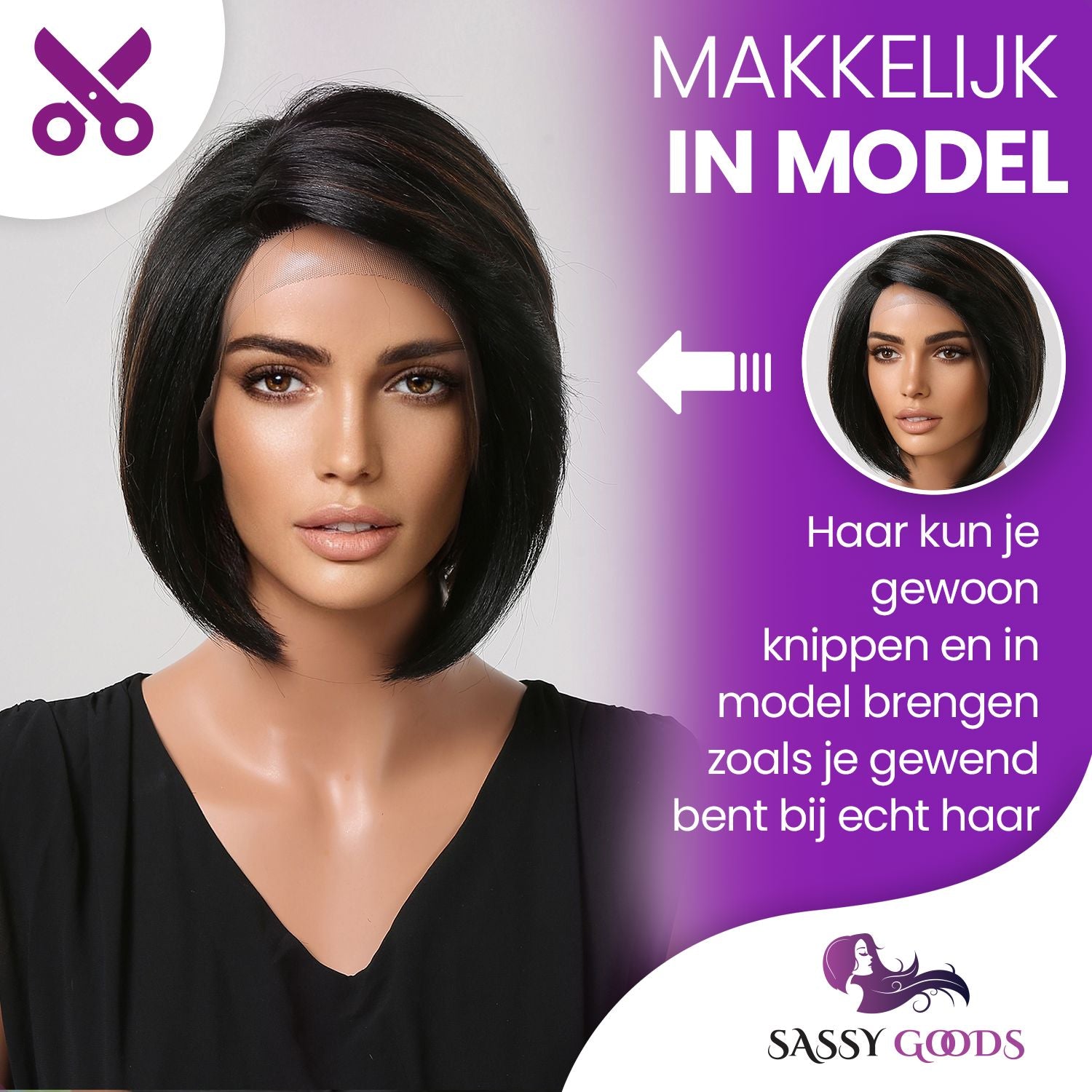 Lace Wig Zwart 30 cm Pruik Sassy Goods 