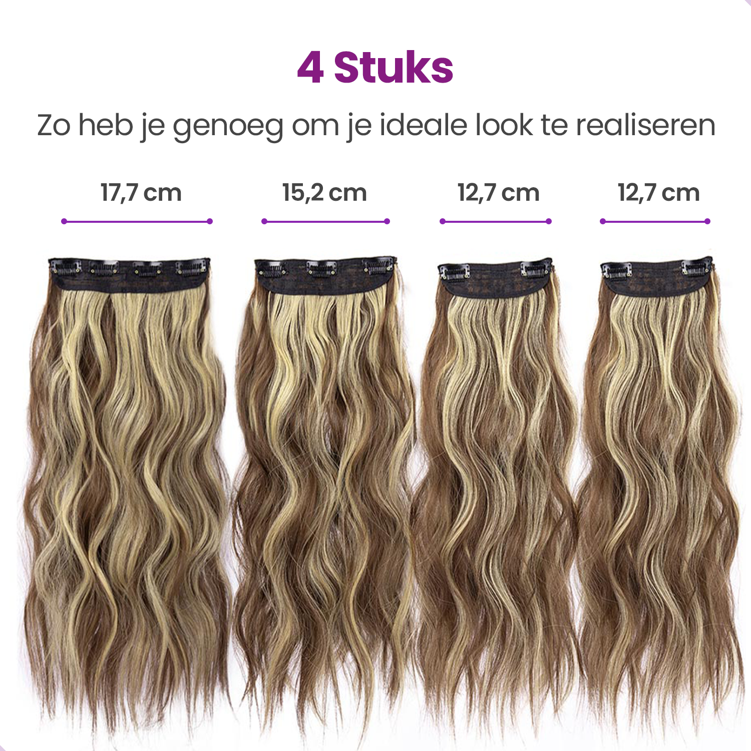 Haarextensies - Clip-In Extensies - set van 4 hair extensions - bruin blond haar - Golvende Haarverlenging - 50 cm
