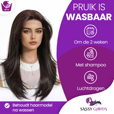 Luxe Donkerbruine Pruik Front Lace Wig met Lagen - 55 cm