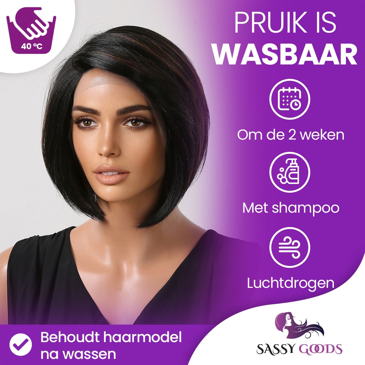 Lace Wig Zwart 30 cm Pruik Sassy Goods 