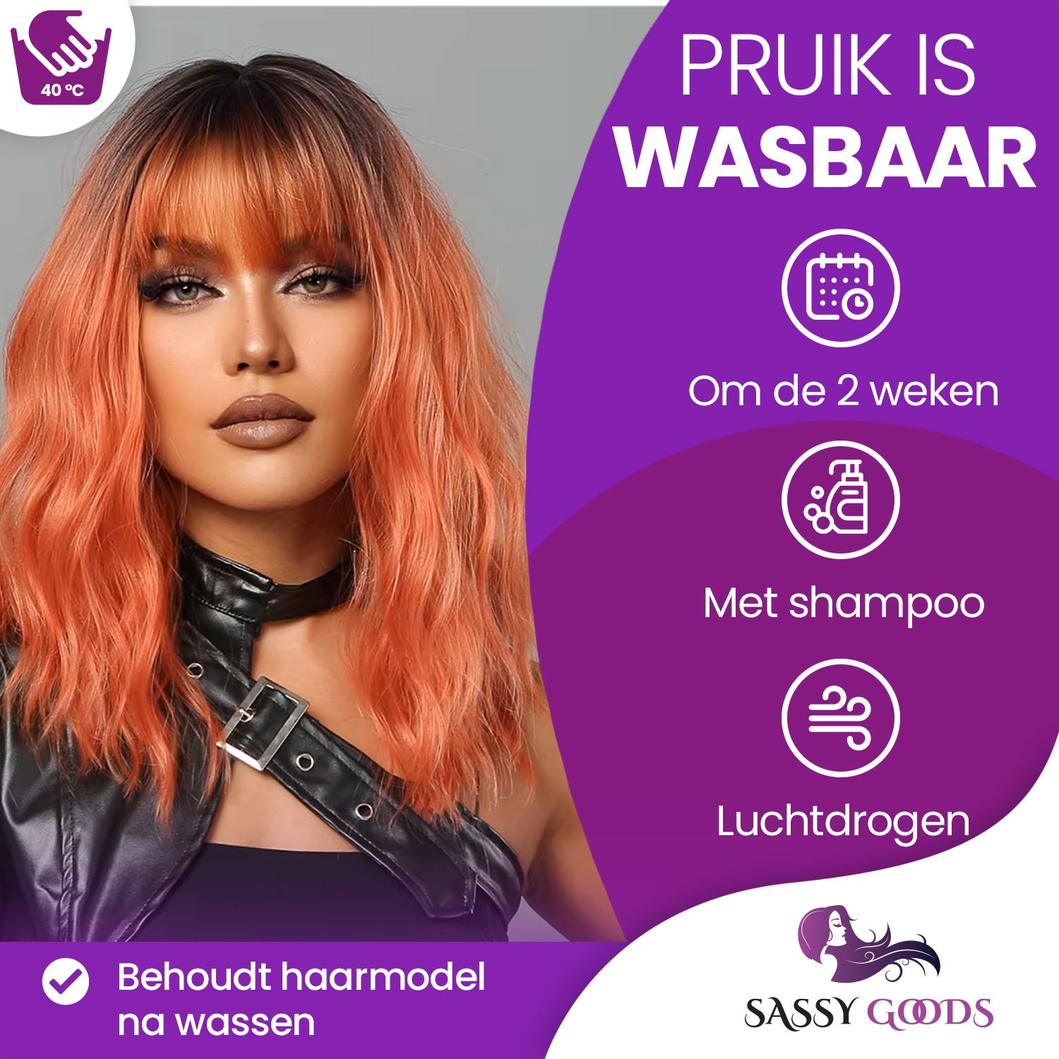 Koper Oranje Pruik met Pony Kort Pruik Sassy Goods 